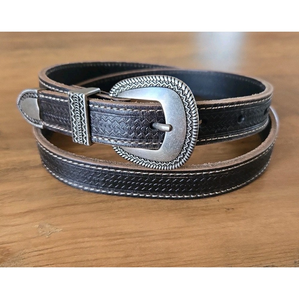 VTG Banana Republic Ladies Cow Leather Western Style Belt Black/Silver M 32-37